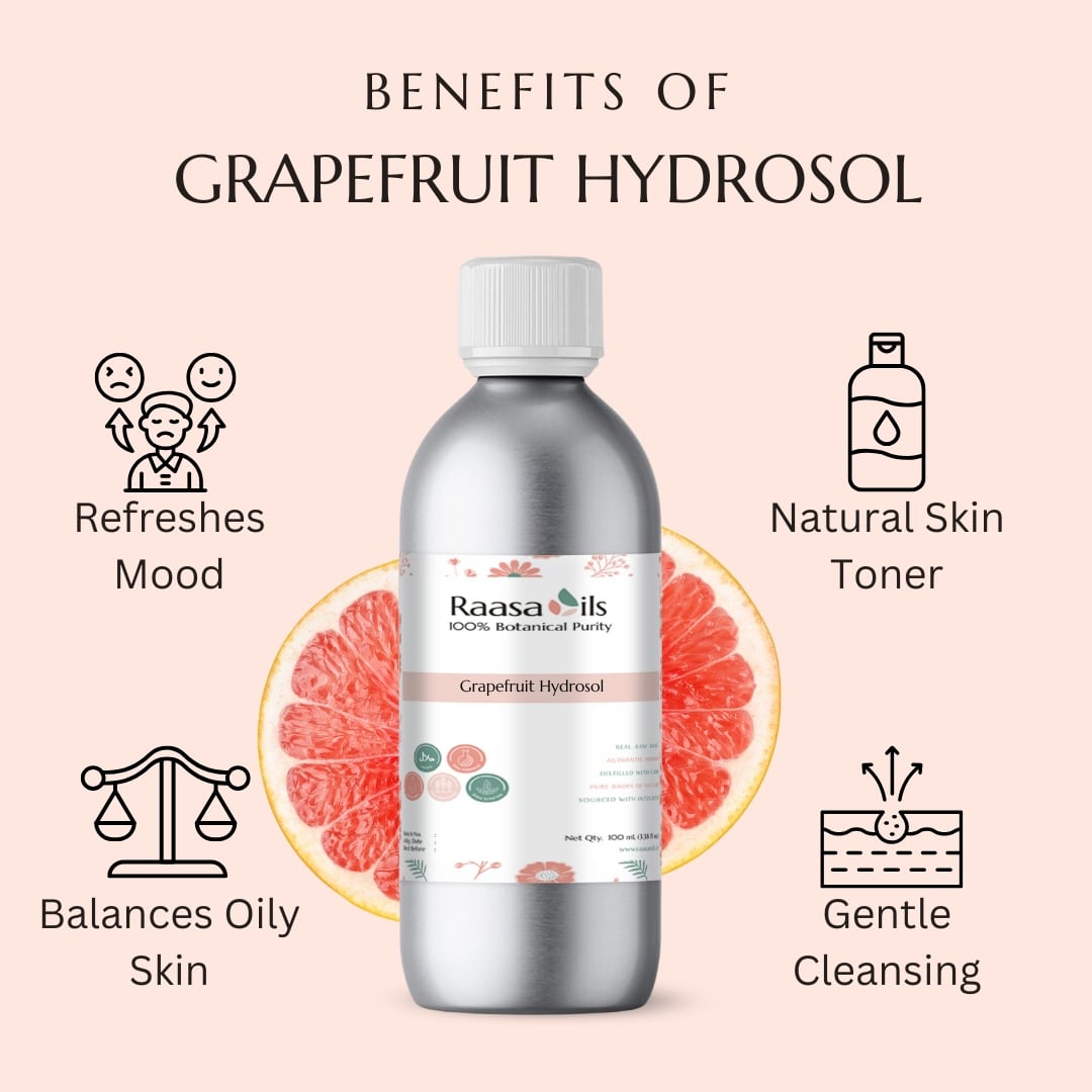 Bottle of Raasa Oils Grapefruit Hydrosol with benefits listed on a pink background