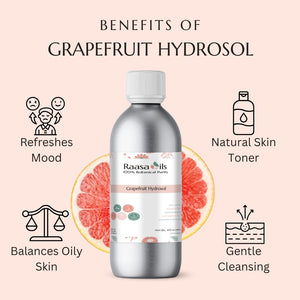 Bottle of Raasa Oils Grapefruit Hydrosol with benefits listed on a pink background