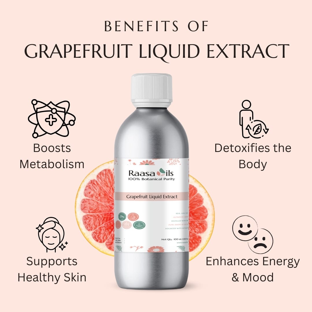Grapefruit liquid extract bottle with benefits listed on a pink background