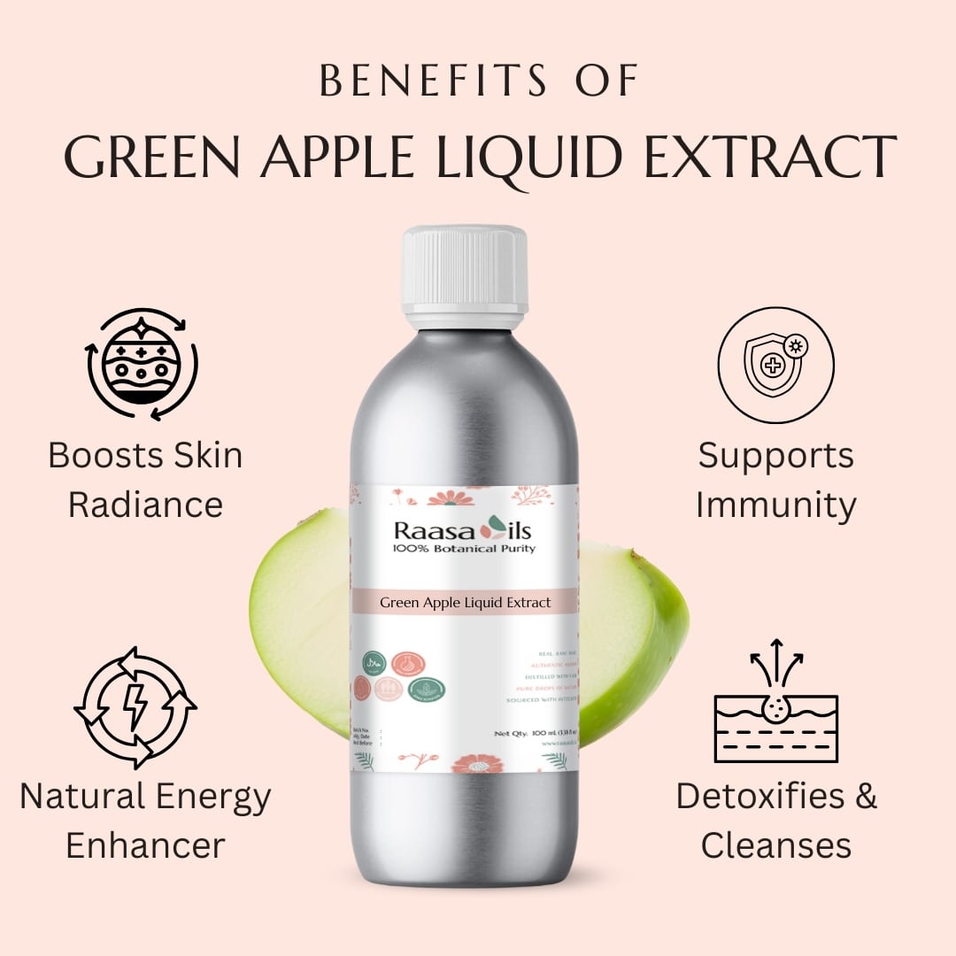 Raasa Oils Green Apple Liquid Extract bottle with benefits listed on a pink background