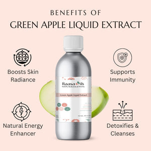 Raasa Oils Green Apple Liquid Extract bottle with benefits listed on a pink background