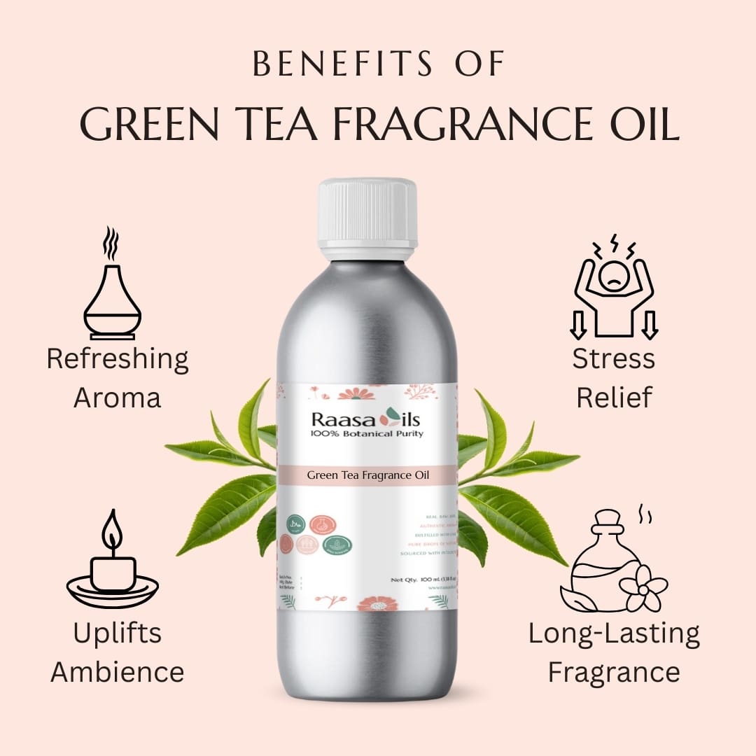 Green tea fragrance oil bottle with benefits listed on a pink background