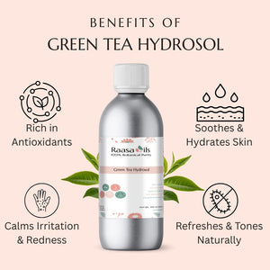 Bottle of Raasa Oils Green Tea Hydrosol with benefits listed on a pink background