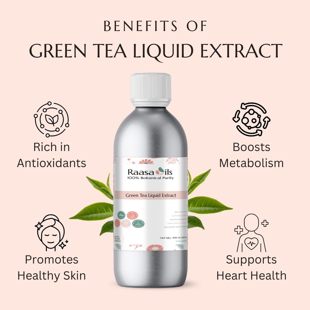 Bottle of Raasa Oils Green Tea Liquid Extract with benefits listed on a pink background