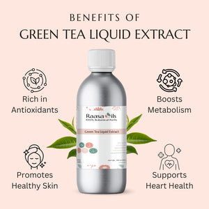 Bottle of Raasa Oils Green Tea Liquid Extract with benefits listed on a pink background