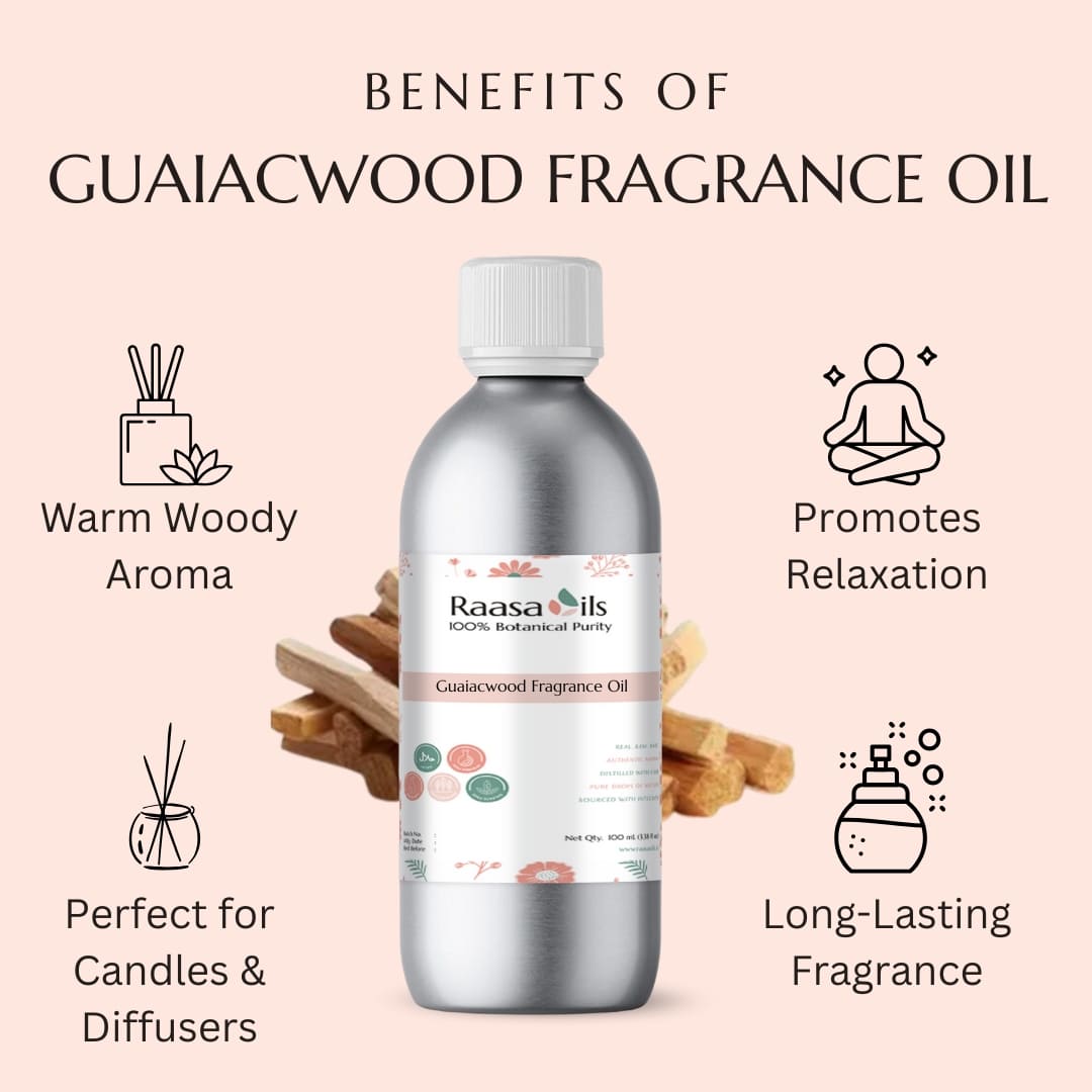 Bottle of Raasa Oils Guaiacwood Fragrance Oil with benefits listed on a pink background