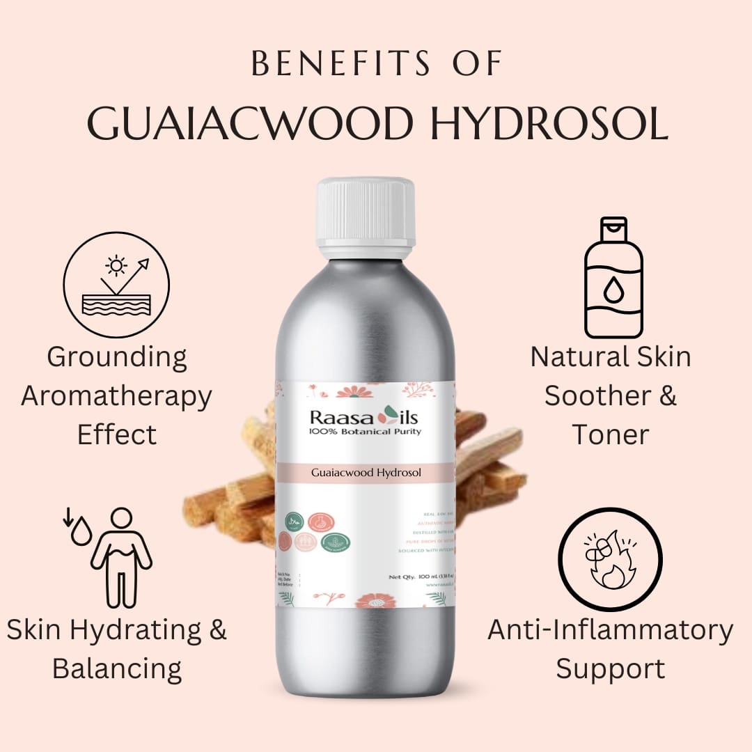 Raasa Oils Guaiacwood Hydrosol bottle with benefits listed on a pink background
