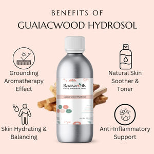 Raasa Oils Guaiacwood Hydrosol bottle with benefits listed on a pink background
