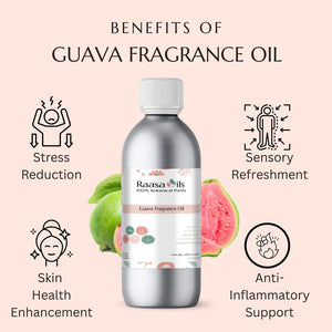 Bottle of Raasa Oils Guava Fragrance Oil with benefits listed on a pink background