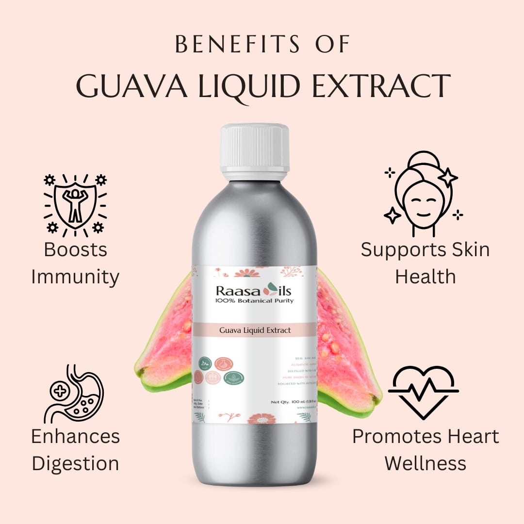 Bottle of Raasa Oils Guava Liquid Extract with benefits listed on a pink background