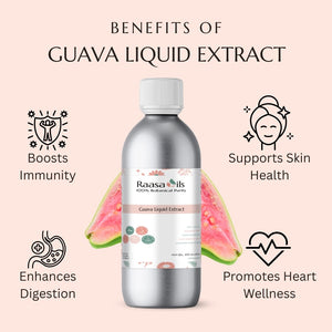 Bottle of Raasa Oils Guava Liquid Extract with benefits listed on a pink background