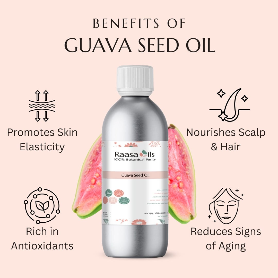 Bottle of Raasa Oils Guava Seed Oil with benefits listed on a pink background