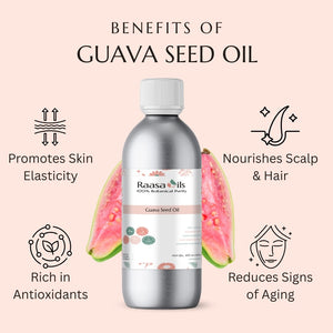 Bottle of Raasa Oils Guava Seed Oil with benefits listed on a pink background