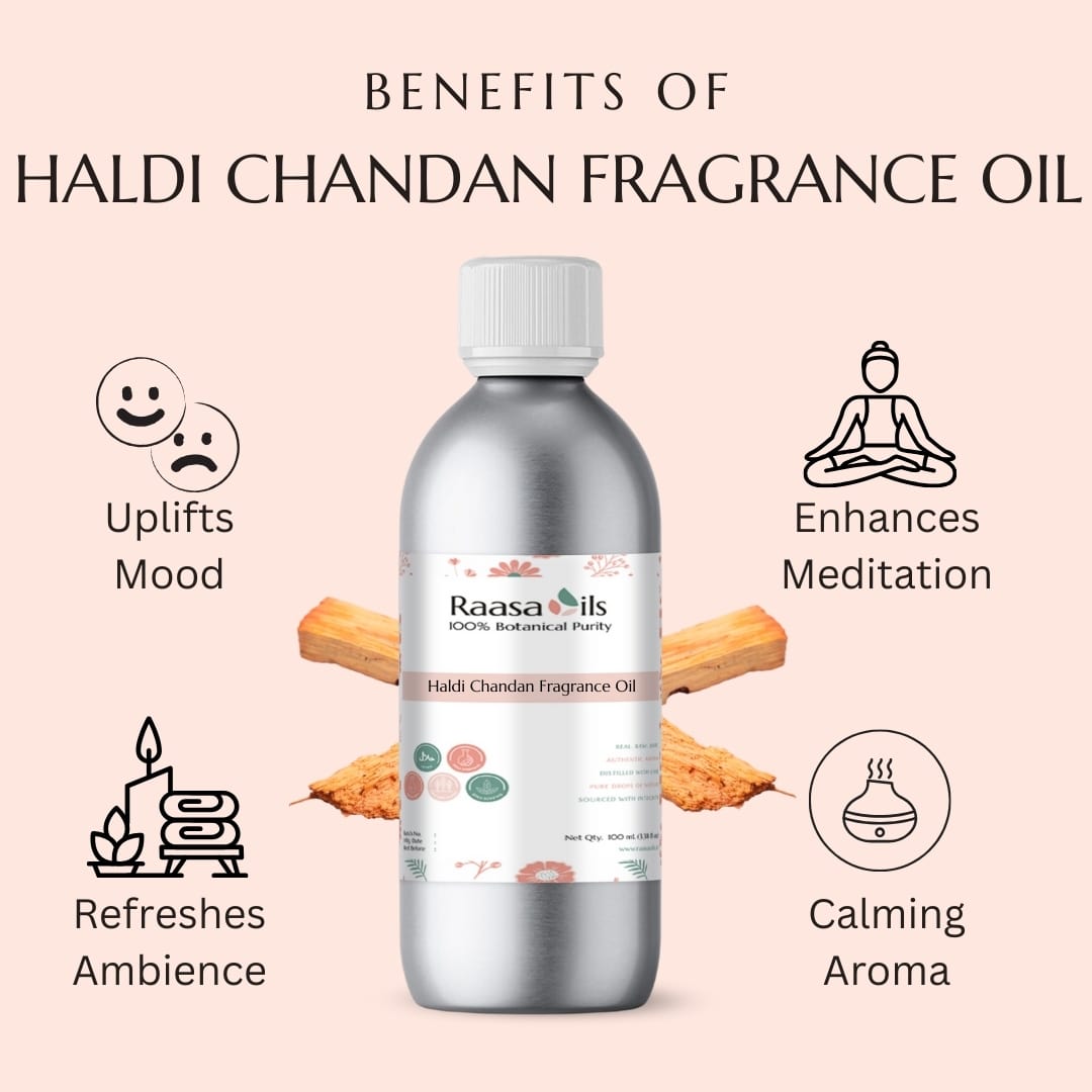 Bottle of Haldi Chandan Fragrance Oil with benefits listed on a beige background