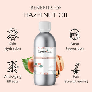 Bottle of Raasa Oils Hazelnut Oil with benefits listed on a pink background