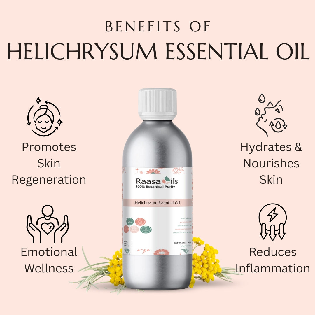 Helichrysum essential oil bottle with benefits listed on a pink background