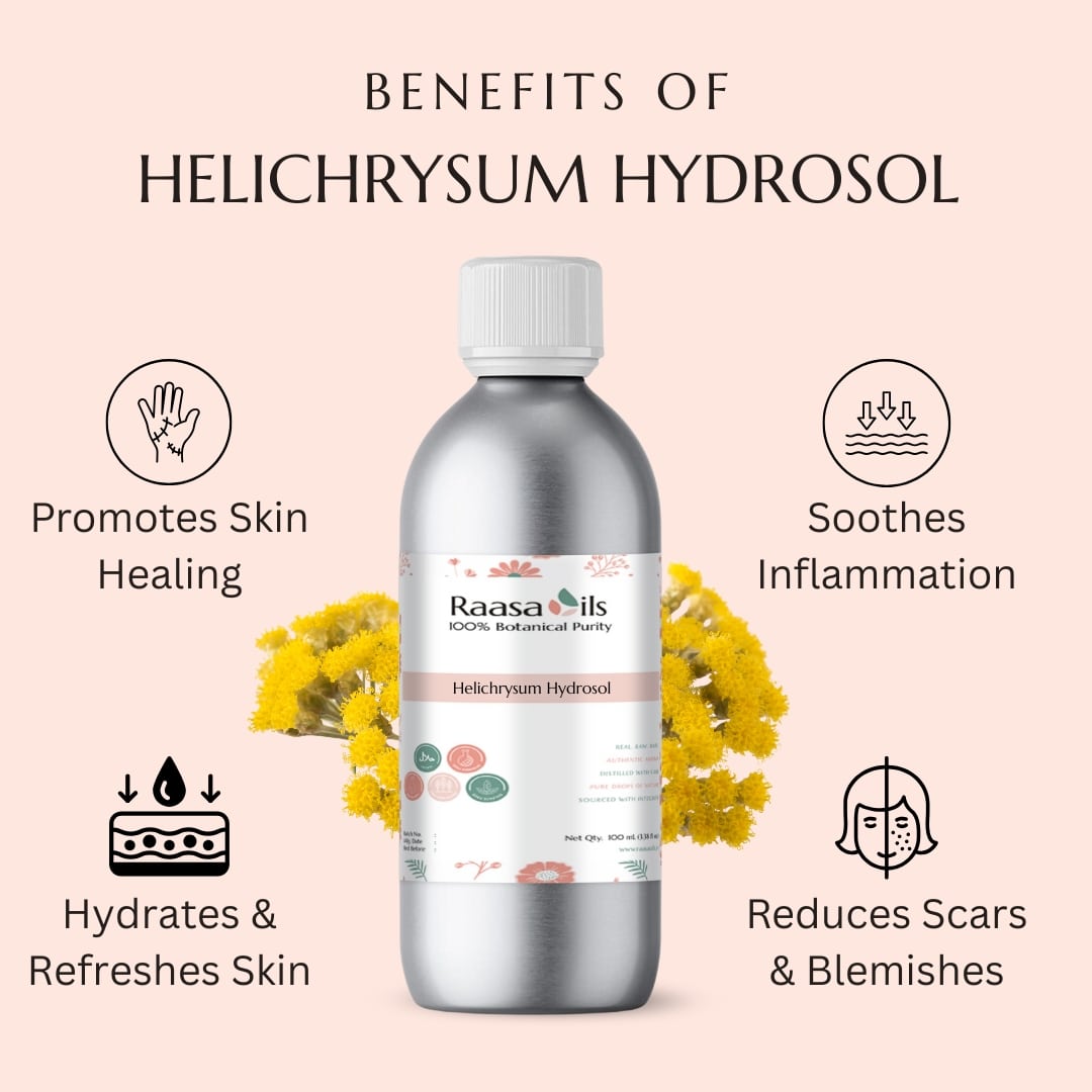 Helichrysum Hydrosol bottle with benefits listed on a pink background