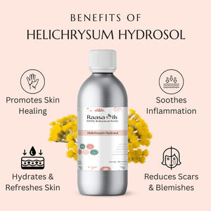 Helichrysum Hydrosol bottle with benefits listed on a pink background