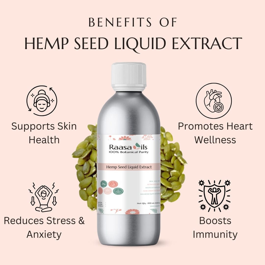 Bottle of Raasa Oils Hemp Seed Liquid Extract with benefits listed on a pink background
