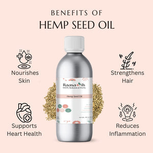 Bottle of Raasa Oils Hemp Seed Oil with benefits listed on a pink background