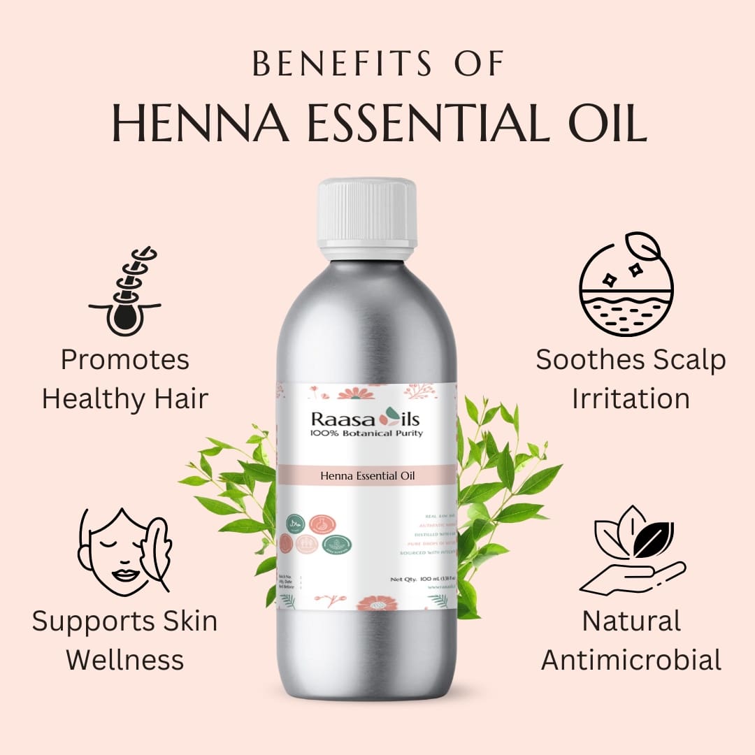Raasa Oils Henna Essential Oil bottle with benefits listed on a pink background