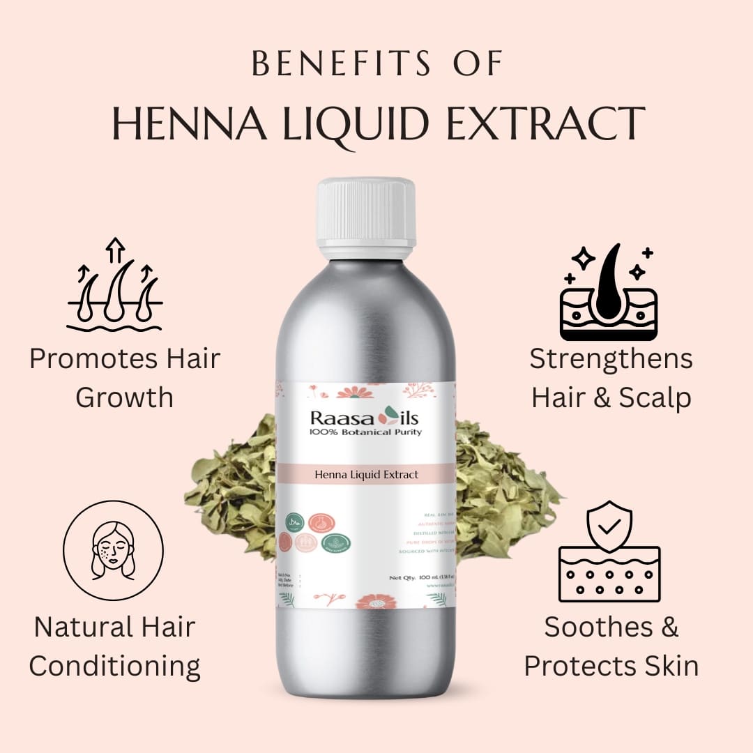 Raasa Oils Henna Liquid Extract bottle with benefits listed on a pink background