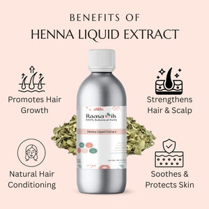 Raasa Oils Henna Liquid Extract bottle with benefits listed on a pink background