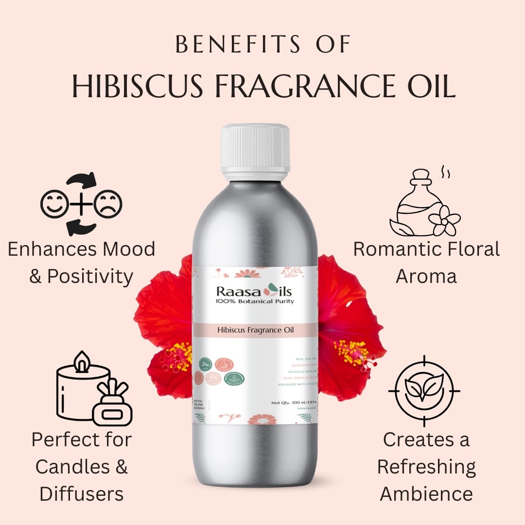 Bottle of Raasa Oils Hibiscus Fragrance Oil with benefits listed on a pink background