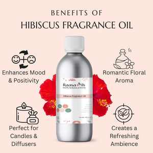 Bottle of Raasa Oils Hibiscus Fragrance Oil with benefits listed on a pink background