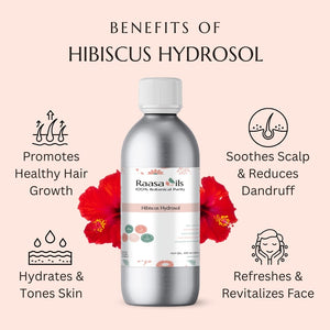 Bottle of Raasa Oils Hibiscus Hydrosol with benefits listed on a pink background