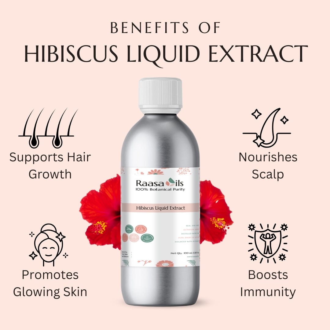 Bottle of Raasa Oils Hibiscus Liquid Extract with benefits listed on a pink background