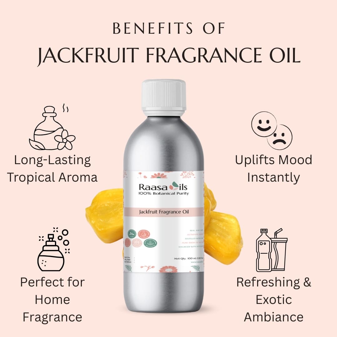 Bottle of Raasa Oils Jackfruit Fragrance Oil with benefits listed on a pink background