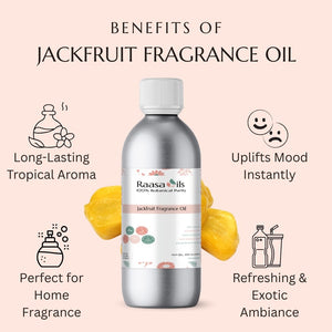 Bottle of Raasa Oils Jackfruit Fragrance Oil with benefits listed on a pink background