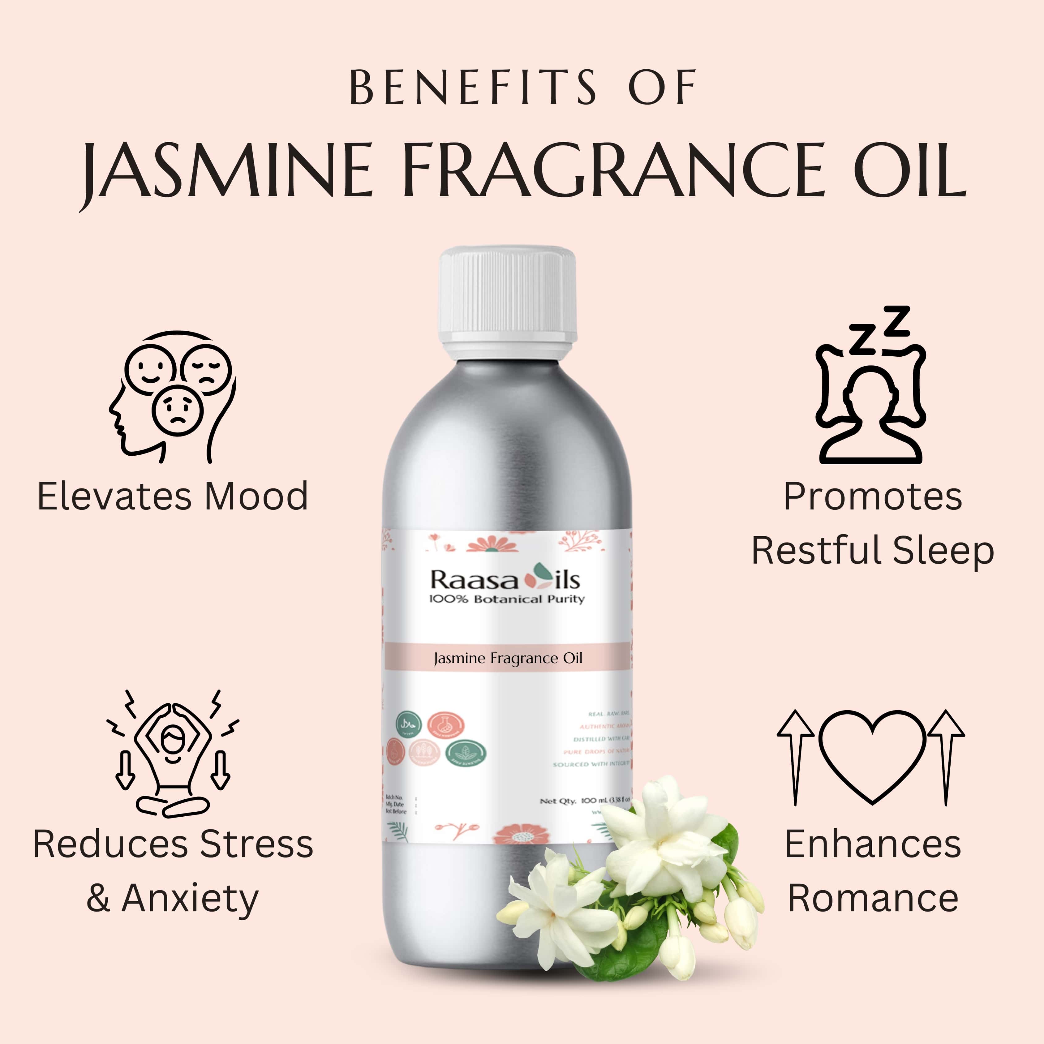 Raasa Oils Jasmine Fragrance Oil bottle with benefits listed on a light pink background