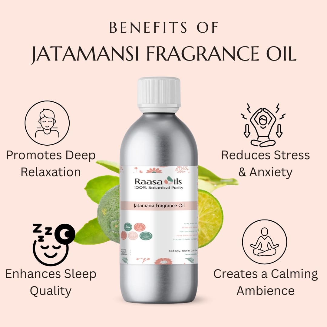 Bottle of Jatamansi Fragrance Oil with benefits listed on a pink background