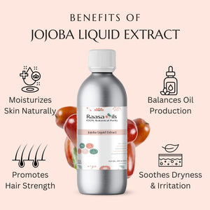 Jojoba liquid extract bottle with benefits listed on a pink background