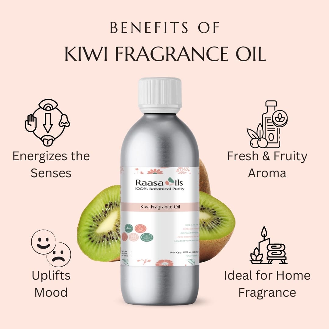 Bottle of Raasa Oils kiwi fragrance oil with benefits listed on a pink background