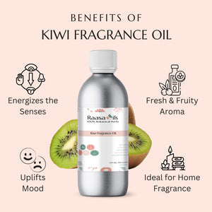 Bottle of Raasa Oils kiwi fragrance oil with benefits listed on a pink background