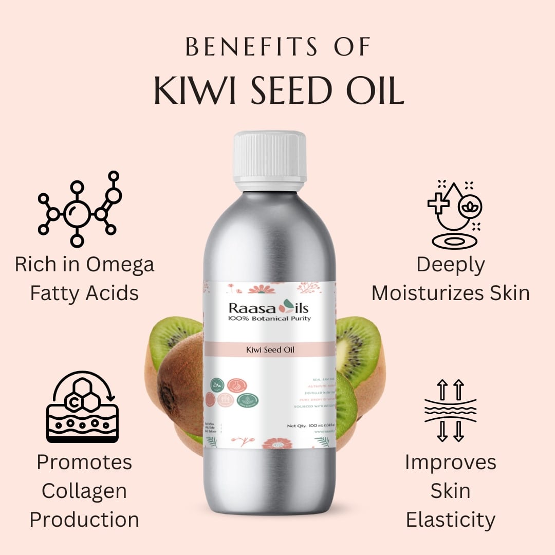 Raasa Oils kiwi seed oil bottle with benefits listed on a pink background
