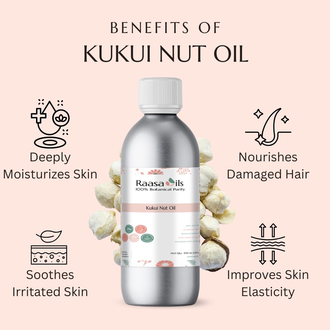 Bottle of Raasa Oils Kukui Nut Oil with benefits listed on a pink background