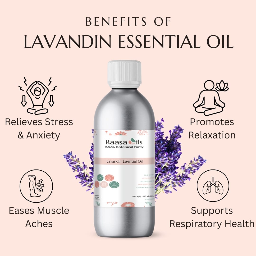 Lavandin essential oil bottle with benefits listed on a pink background