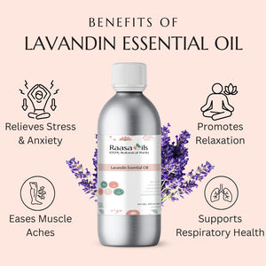 Lavandin essential oil bottle with benefits listed on a pink background