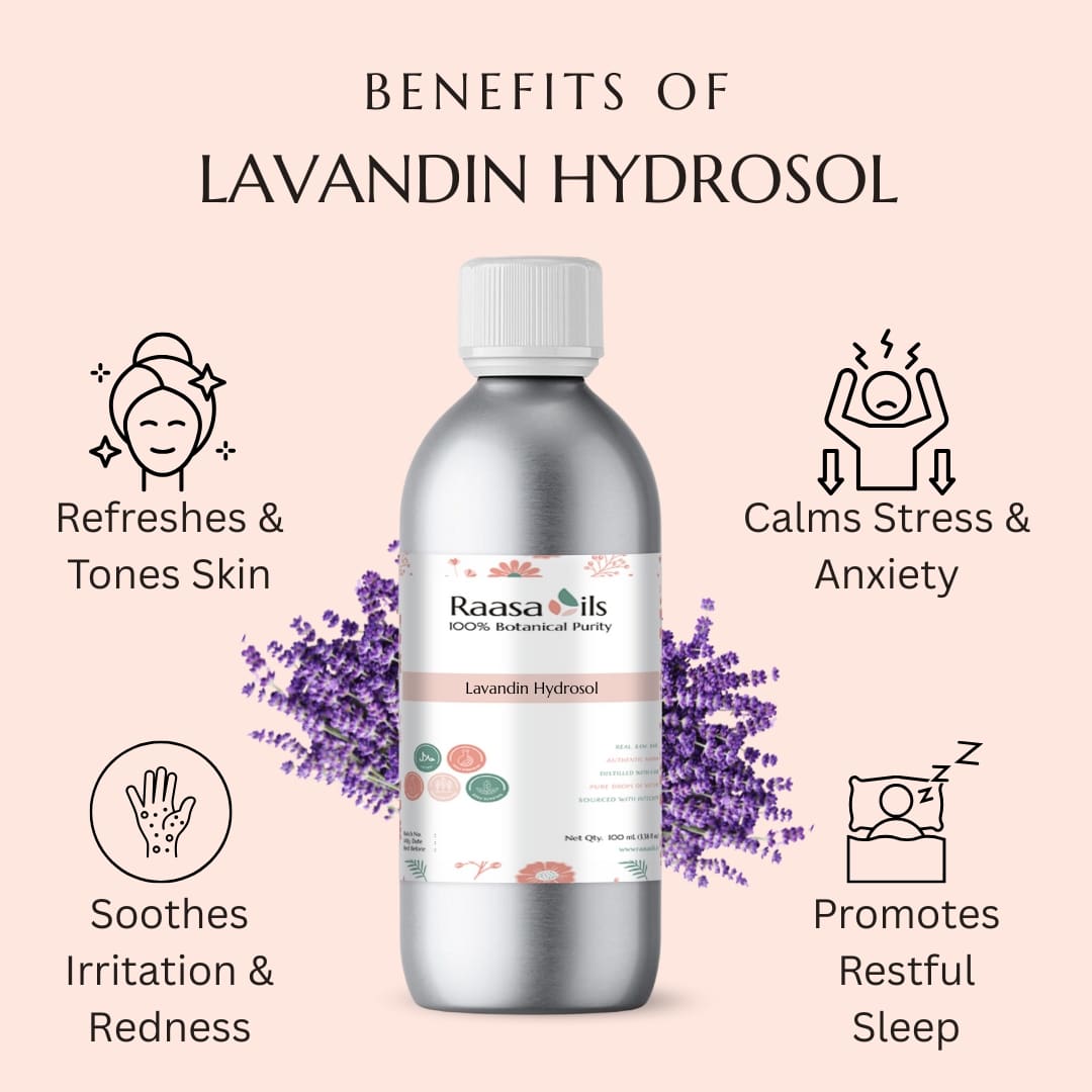 Raasa Oils Lavandin Hydrosol bottle with benefits listed on a pink background