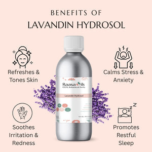 Raasa Oils Lavandin Hydrosol bottle with benefits listed on a pink background