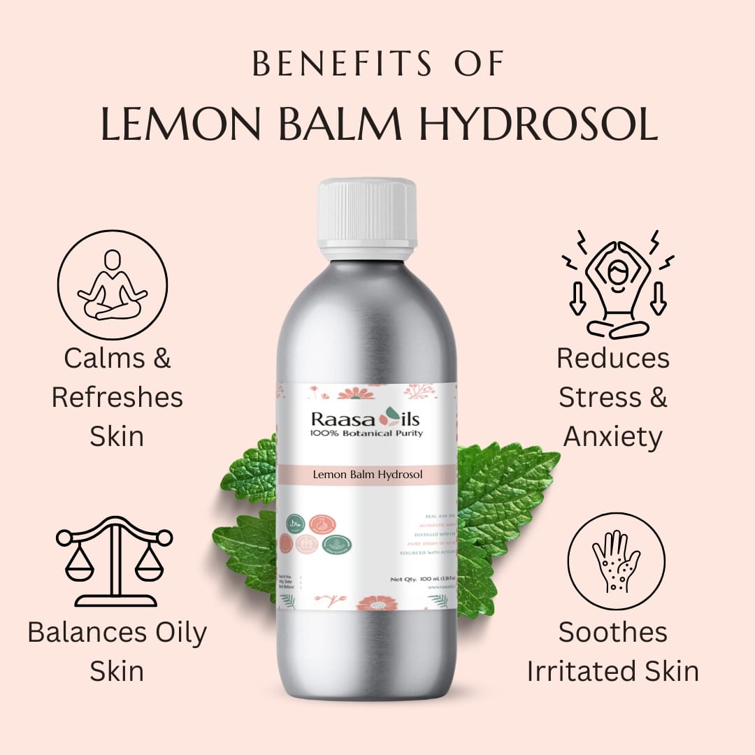 Bottle of Raasa Oils Lemon Balm Hydrosol with benefits listed on a pink background