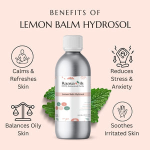 Bottle of Raasa Oils Lemon Balm Hydrosol with benefits listed on a pink background