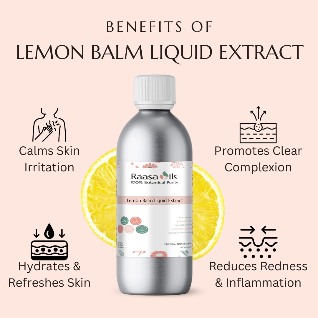 Bottle of Raasa Oils Lemon Balm Liquid Extract with benefits listed on a pink background