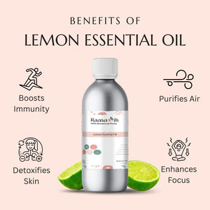 Bottle of Raasa Oils lemon essential oil with benefits listed on a pink background