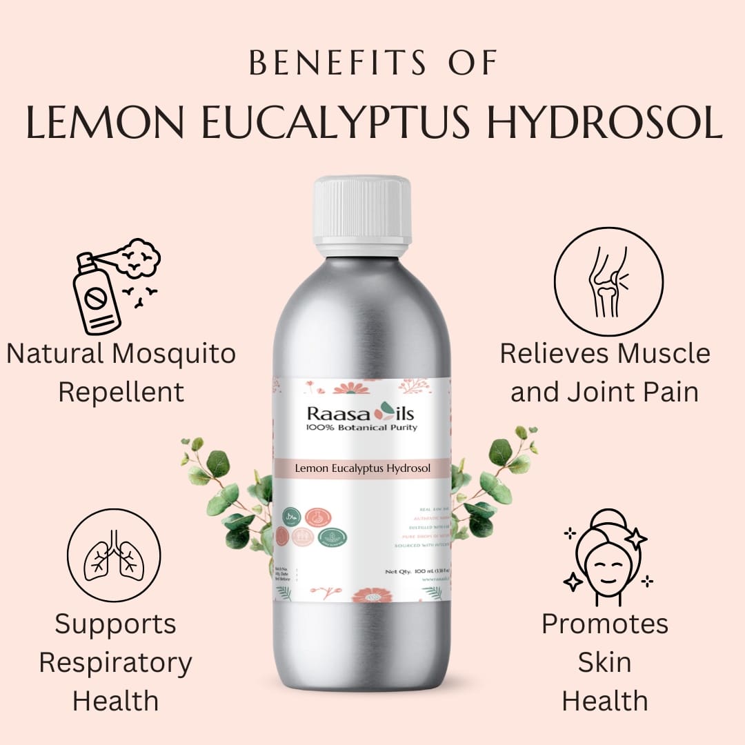 Raasa Oils Lemon Eucalyptus Hydrosol bottle with benefits listed on a pink background