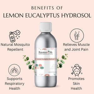 Raasa Oils Lemon Eucalyptus Hydrosol bottle with benefits listed on a pink background